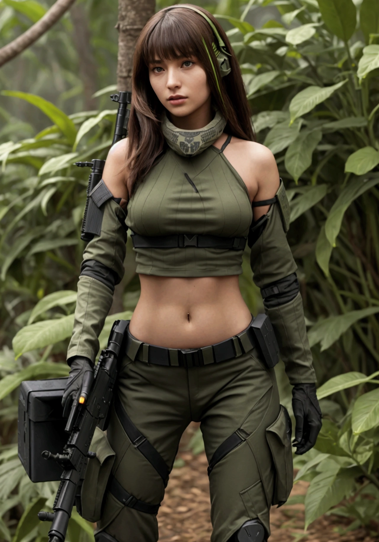 24 year old women, European girl,  young spy, Military Girl, beautiful female spy,  solo female character, Future combat equipment,  Woman wearing green cropped Secret Agent Tight Suit, Show navel, Wear tactical equipment, revealing midriff, expose belly, showing navel,  (realistic navel shape), in the jungle, holding an assault rifle, ((holding an M4 carbine assault rifle))