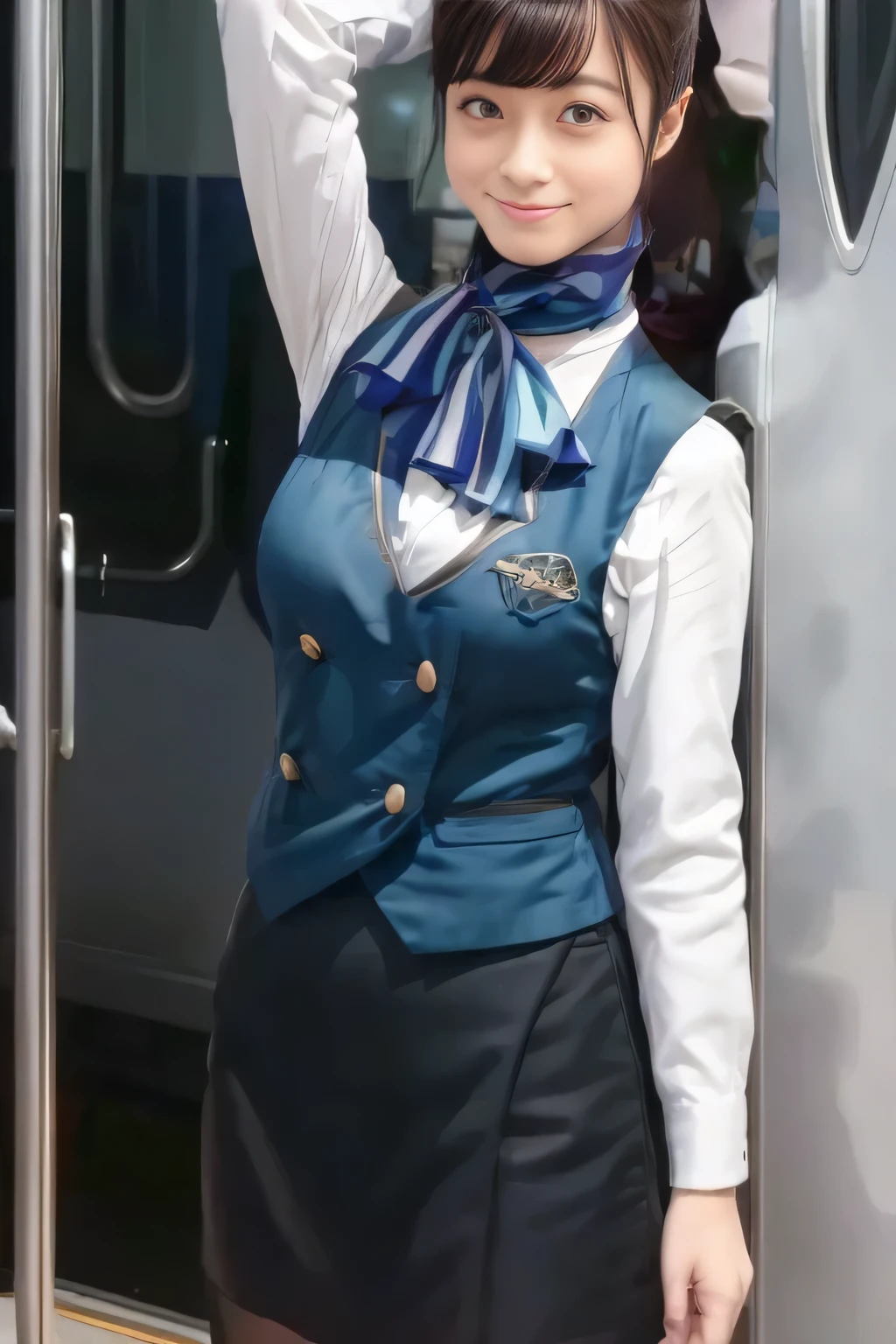 (masterpiece:1.2,  best quality:1.2), 32kHDR,  kampala, (Alone、  1 girl)、（What is 、  professional lighting）、In-flight background、（Nankai Train crew uniformを着たリアルなスタイル）、（（Nankai train crew uniform green vest））、（（ Nankai train crew uniform collarless white long sleeve blouse）） 、（（Black Curly Culotte Skirt 、Scarf around the neck））、 Dark brown hair 、（ Long Hair、Hair tied up、Hair tied up）、 Dark brown hair 、 Long Hit 、Big Breasts、Thin legs、（（ amazing hands：2.0）），（（  Harmonious Body Proportions ：1.5）），（（Normal limbs：2.0）），（（Usually refers to：2.0）），（（ delicate eyes ：2.0）），（（Normal eyes：2.0））)、smile、（Nankai Train crew uniformを着た美しい姿）、Hands clasped underneath
