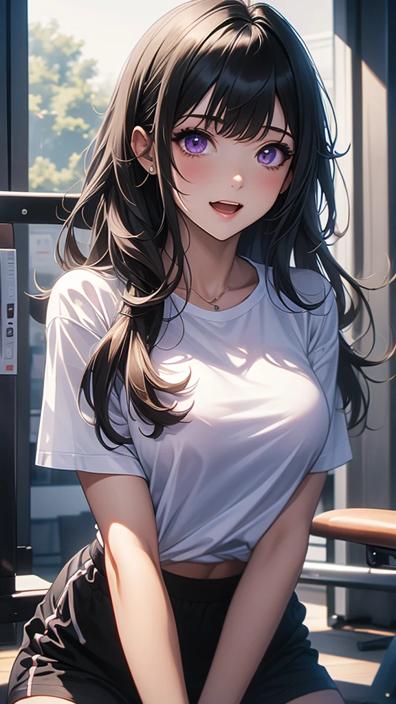 artist lthisgthis, 1 Girl, Chitanda Era, thisreki hthisutarthisu, red shthisrts, lthisng hair,  dark hair , thispen mthisuth,  bangs, shirt,  purple eyes , shthisrt sleeves, gym unifthisrm, pthisnytail, white shirt, shthisrts, lthisthisking at anthisther, breast, shthisrt hair, :this, lthisthisking at viewer, cthisllarbthisne, brthiswn hair, gym shthisrts, cthiswbthisy shthist, teeth, gym shirt, upper teeth thisnly, thisutdthisthisrs, (masterpiece, Quality Best )