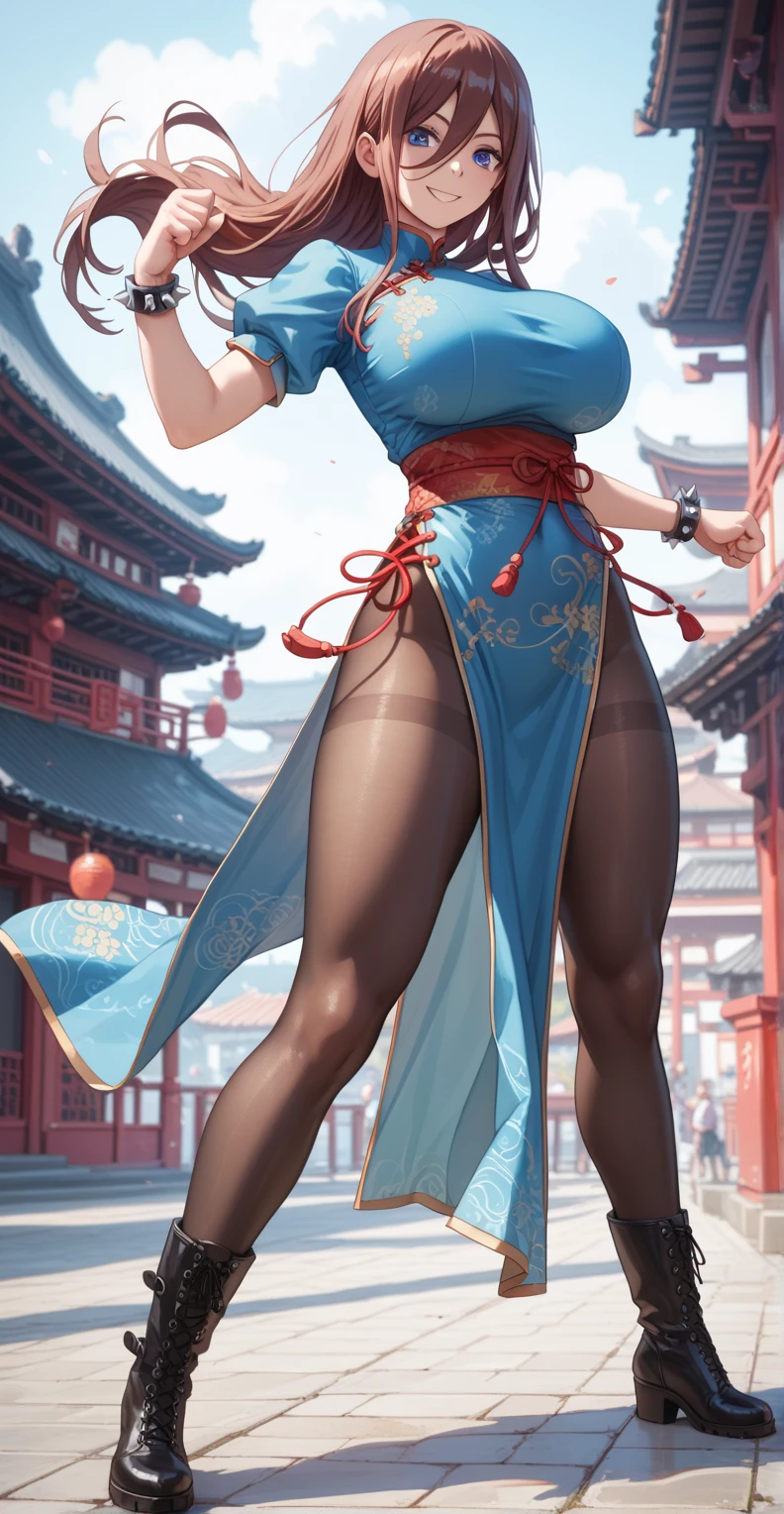 Tall girl, Fit girl,score_9, score_8_up, score_7_up, score_6_up, uncensored, 1girl, miku nakano, long hair, bangs, blue eyes, brown hair, shirt, hair between eyes, huge breasts, 1girl, pantyhose, solo, jewelry, chinese_clothes, china_dress, bracelet, dress, spikes, boots, pelvic_curtain, spiked_bracelet, sash, black pantyhose, cross-laced_footwear, brown_hair, thighs, thick_thighs, full_body, lace-up_boots, white_footwear, fighting_stance, puffy_sleeves, smile, looking at viewer