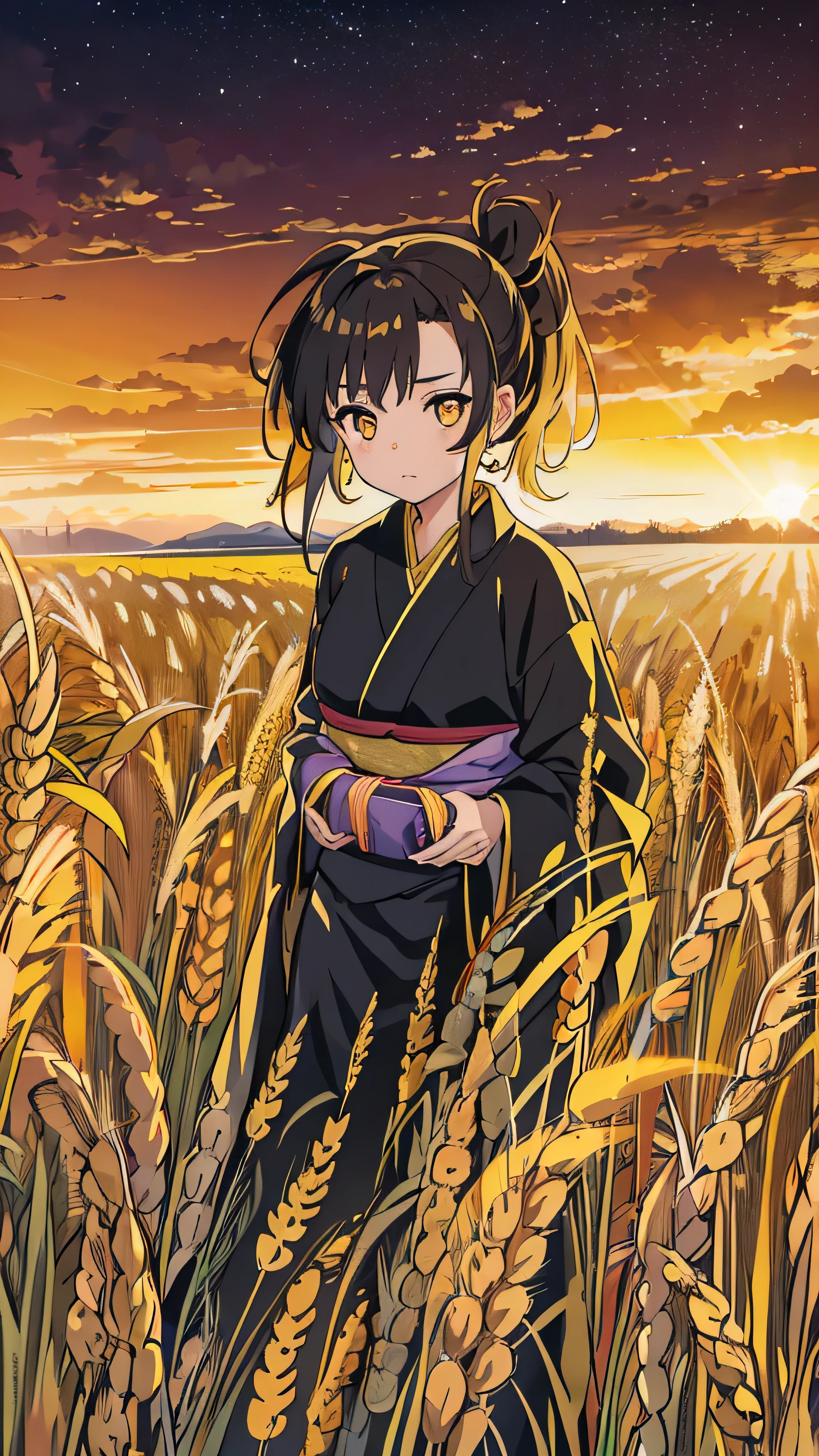  girl in kimono is standing in a wheat field, Black kimono with gold borders, Hair tied in a ponytail,  yellow eyes, The sunset in her eyes, The light hits her face, Half left facing the camera 