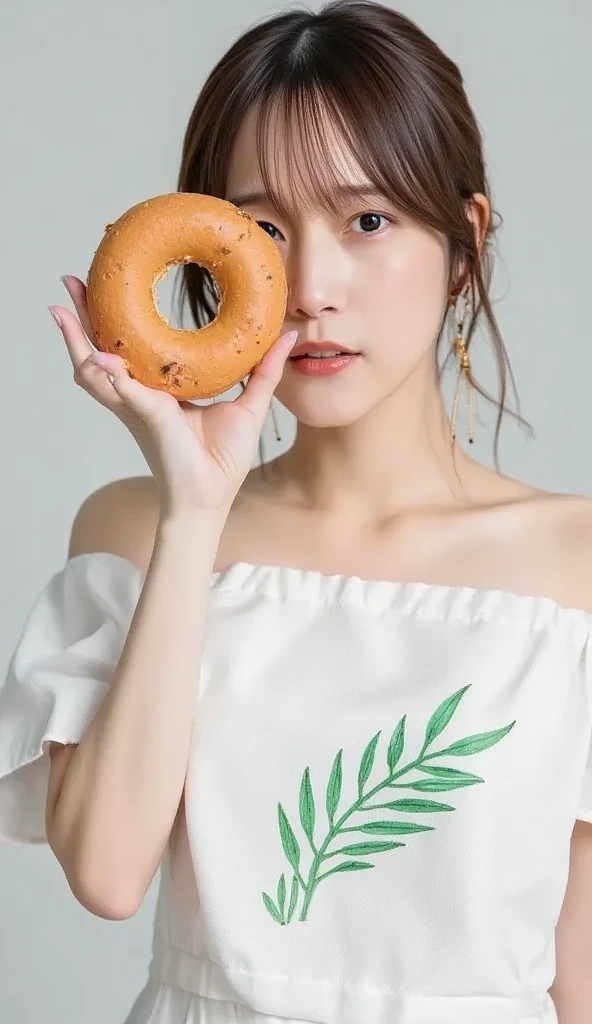   photo taken with a Fuji camera  , Realistic,  best quality,  asian woman,  white skin, Narrow Face, Oval Face, Small round eyes,  single eyelid,   teardrop nose with a round tip  ,   Plump Lips, length,  soft,  black hair,   face straight forward and face sideways  .., Holding a doughnut in your right hand 、 cover your face so that the hole in the doughnut fits your right eye .,  CACP,  white off-shoulder round neck dress with a green leaf pattern ,  Picture taken with ,  sweet coffee shop vibe 