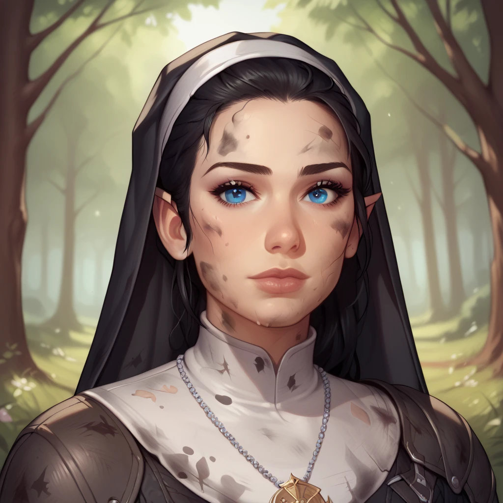 (((beautiful, high quality, comics style, detailed face))), score_9, score_8_up, score_7_up, BREAK, 1girl, duxlipa, warrior nun, small pointed ears, black hair, blue eyes, leather armor, leather shoulder pads, patterns on armor, medal necklace, nun veil, dirty, dusty, female focus, solo:1.4, portrait, upper body, portrait, looking at the viewer, forest background, fantasy, blurred background, Expressiveh, detailxl, DeepNegative_xl_v1