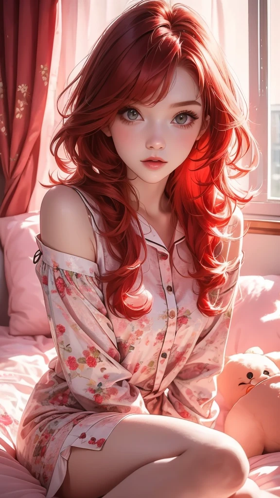 A woman sitting on the bed， wearing pink floral pajamas , Redhead女孩, beautiful  Redhead女人,  Redhead女人, young Redhead女孩, 短而鲜艳的Redhead,  Red Hair和迷人特征 , anna nikonova aka newmilky, Redhead女孩, Redhead,  beautiful woman, Posing on the bed, Red Hair, With short red hair, Posing in the room