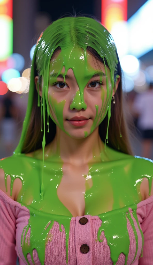 Cinematic photograph of Korean teen covered in dripping green slime. Wearing off-the-shoulder pink sweater. f/1.4 aperture. hyper-realistic style. (Korean teen: 1.1). Long fake eyelashes. Slime. 50mm. 8k. Masterpiece. New York city in background. Bokeh. Nighttime. Glistening liquid. Raw photo. Delicate eyes. Instagram influencer makeup. Small cleavage. Korean Instagram influencer. Korean model. Sexy Korean girl. brown eyeshadow. (photorealistic: 1.1). Dripping slime on face. Asian beauty.