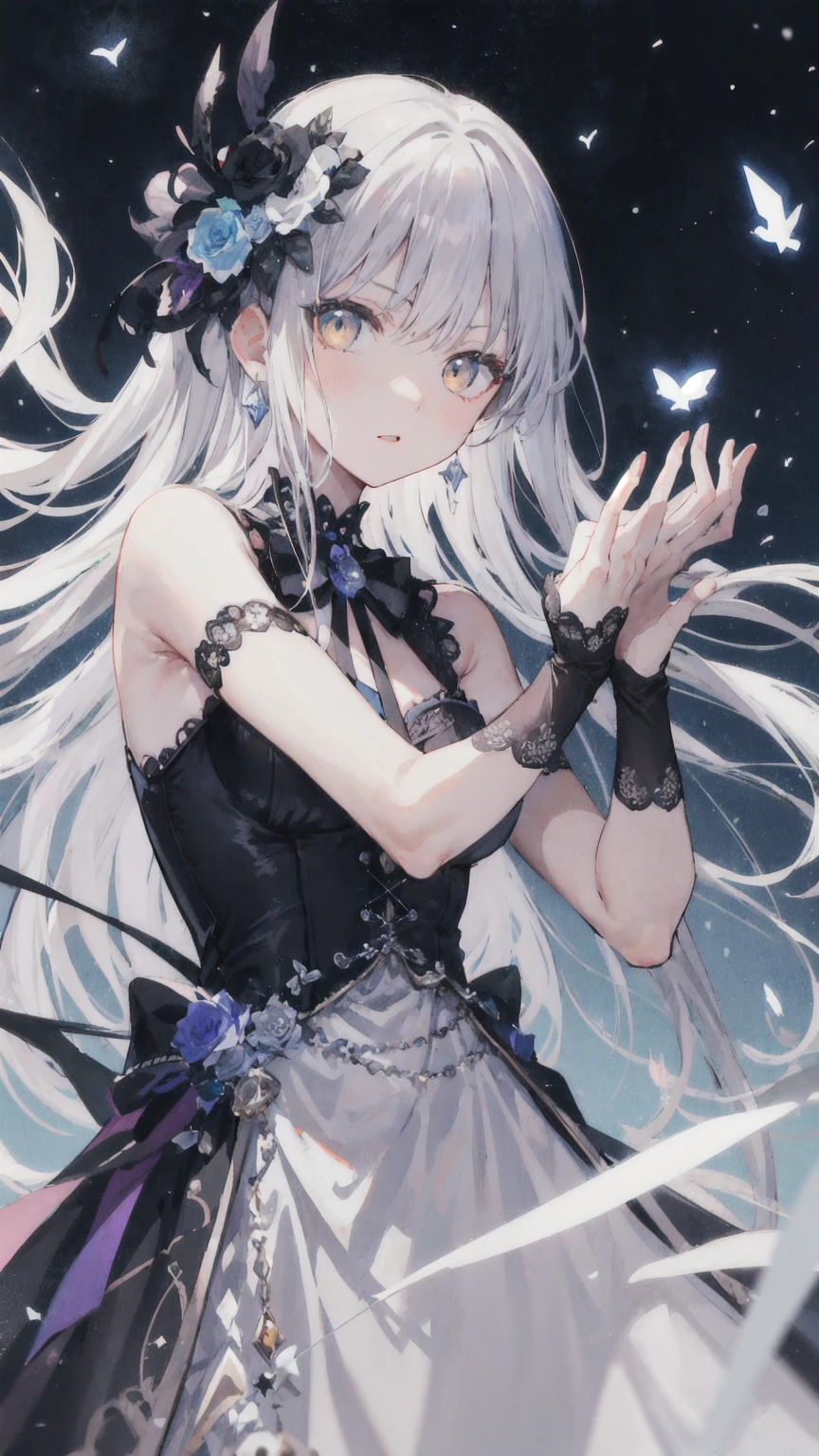 (masterpiece), ( Quality Best ), perfect composition, Clean, 8K, , [1 Girl, 牛仔射击], (minato_Snow vegetable_Bond Dream:1), long grey hair, Sweep the bangs,  Bright eyes , Jewelry, hair_flower, Gothic fashion, slanted shoulder dress , embroidery, serious, Perseverance,  movie lights,  High Contrast, Geometric Patterns, ray, [glare, radiation],  Popular on pixiv, Neon inscription, Runes, [obsidian,  perspective , Star], DARK THEME 
