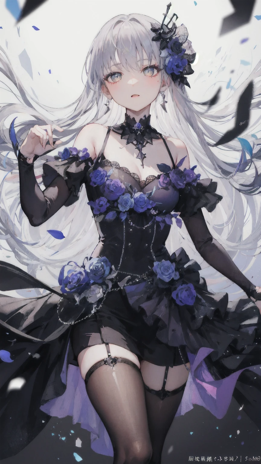 (masterpiece), ( Quality Best ), perfect composition, Clean, 8K, , [1 Girl, 牛仔射击], (minato_Snow vegetable_Bond Dream:1), long grey hair, Sweep the bangs,  Bright eyes , Jewelry, hair_flower, Gothic fashion, slanted shoulder dress , embroidery, serious, Perseverance,  movie lights,  High Contrast, Geometric Patterns, ray, [glare, radiation],  Popular on pixiv, Neon inscription, Runes, [obsidian,  perspective , Star], DARK THEME 
