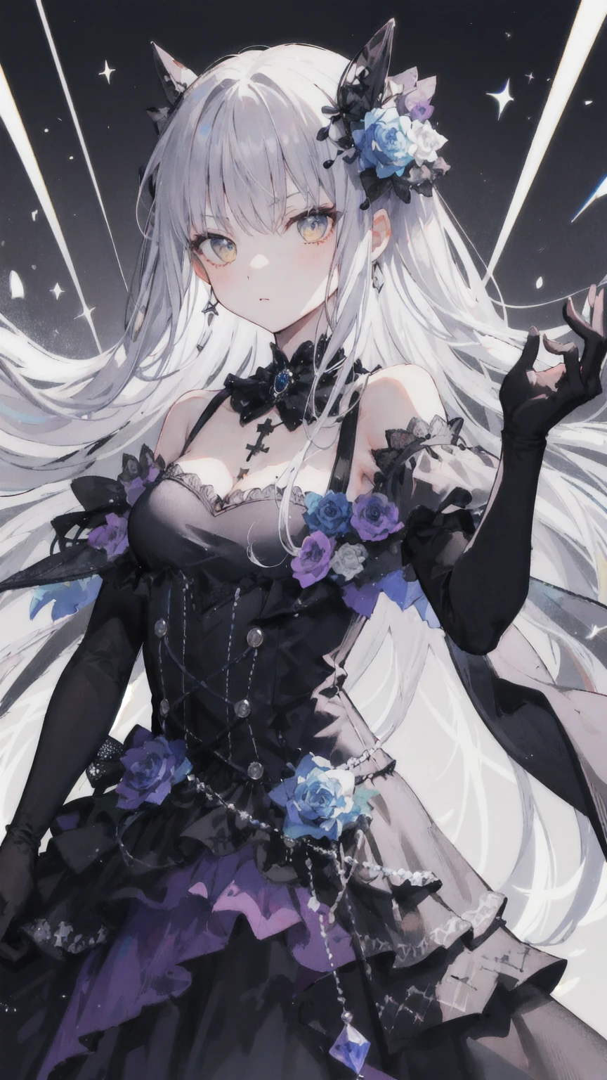 (masterpiece), ( Quality Best ), perfect composition, Clean, 8K, , [1 Girl, 牛仔射击], (minato_Snow vegetable_Bond Dream:1), long grey hair, Sweep the bangs,  Bright eyes , Jewelry, hair_flower, Gothic fashion, slanted shoulder dress , embroidery, serious, Perseverance,  movie lights,  High Contrast, Geometric Patterns, ray, [glare, radiation],  Popular on pixiv, Neon inscription, Runes, [obsidian,  perspective , Star], DARK THEME 
