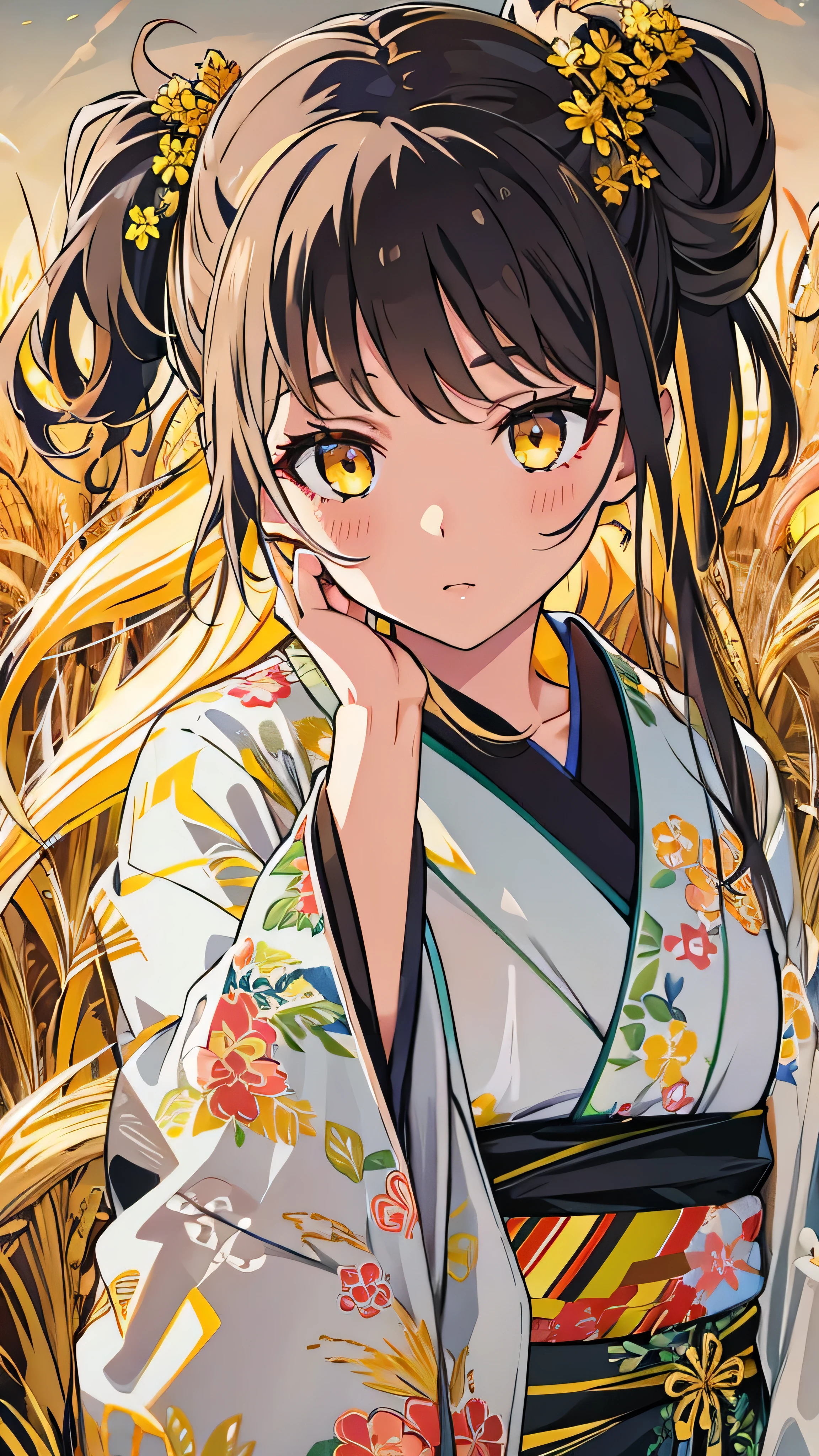  girl in kimono is standing in a wheat field, Black kimono with gold borders, Hair tied in a ponytail,  yellow eyes, The sunset in her eyes, The light hits her face, Half left facing the camera 