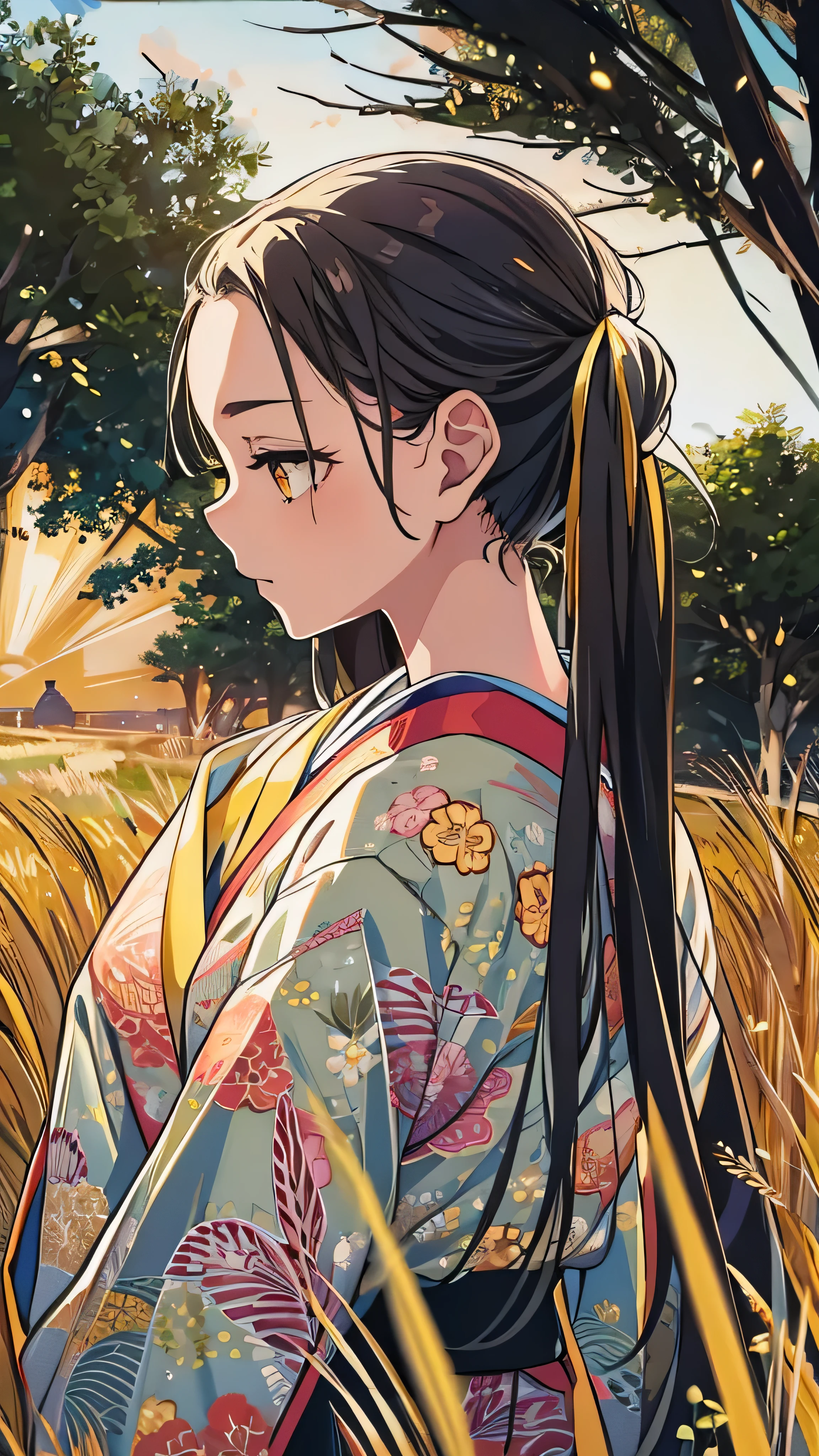  girl in kimono is standing in a wheat field, Black kimono with gold borders, Hair tied in a ponytail,  yellow eyes, The sunset in her eyes, The light hits her face, Facing half to the right in relation to the camera