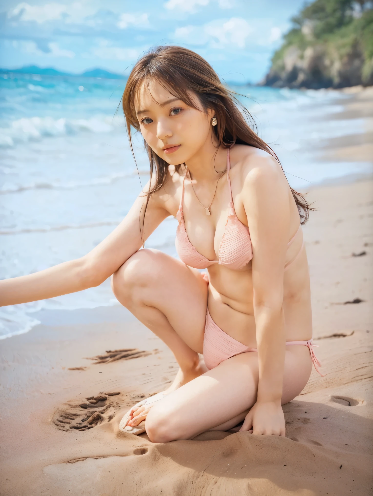  high resolution pictures of Japanese actresses , (Realistic, photo-Realistic:1.2), ( best quality, masterpiece),  RAW Photos,  intricate detail,  Extremely detailed,  very detailed,  very detailed,  sharp concentration, (full body,  shot from the front:1.4), 甜of, Alone,  1 girl,  posing for erotic photos,  Sensual Poses ,( thin due to small things necklace,  earrings for a woman alone),break((Stripes), ( pink micro bikini , Sandals:1.4),  Big Breasts ,  dark haired,  dark brown long hair, (  detail face  ,  beautiful detailed eyes, Beautiful dark brown eyes ,  sophisticated nose ), ( sandy beachの上に立っている,), perfect anatomy, Perfect hands, Photo Backdrop , Outdoor,  sandy beach, Blue sky and clouds,