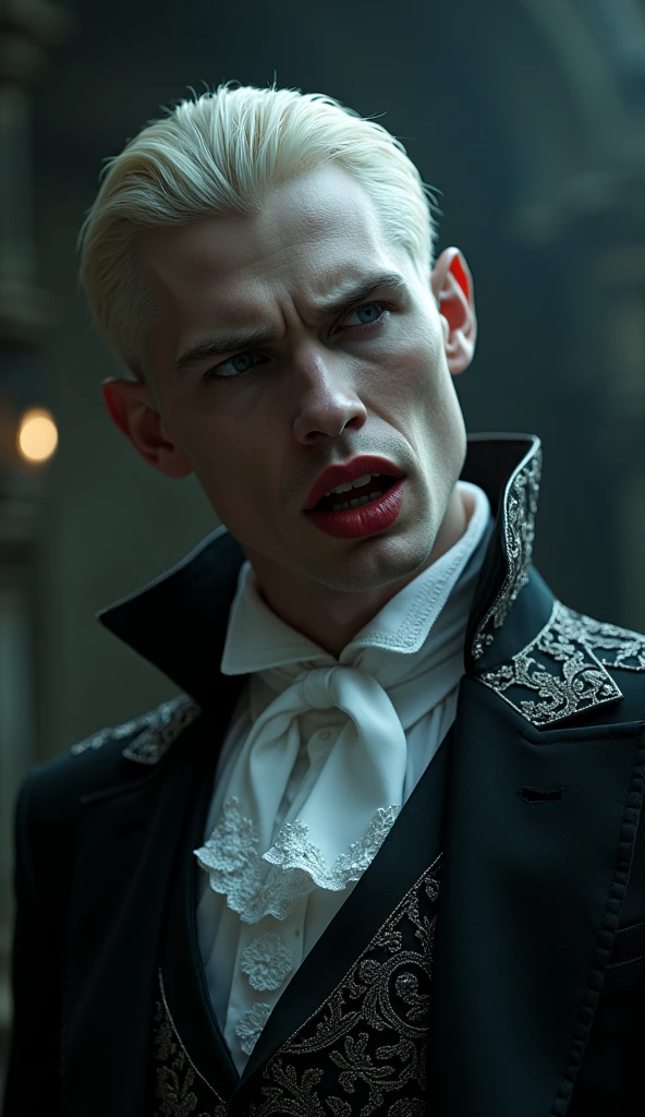 Muscular vampire boy, smiling mischievously revealing fangs, pale skin, blue eyes, medium blond hair, half naked, in a dark gothic castle