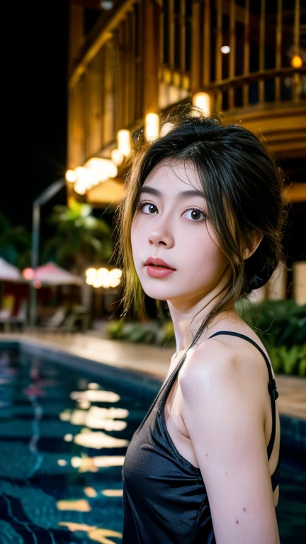 realistic, ultra detailed, whole body photo display, a 23 year old girl, wearing a swimsuit, naughty expression, no makeup, bare face, beautiful face, sweet face, hands 1:3, ((small breast, perfect round :1.1)), perfect color grade, ((shot taken from far away, 135mm :1.2)), 1girl, (hdr, hyperdetailed :1.2), (8k, detailed skin :1.3), highly detailed face texture 1:1, sexy pose, bokeh, rule of third, soft lightning, petite, waterpool background :1.1, stand in side pool, F/1.8, 