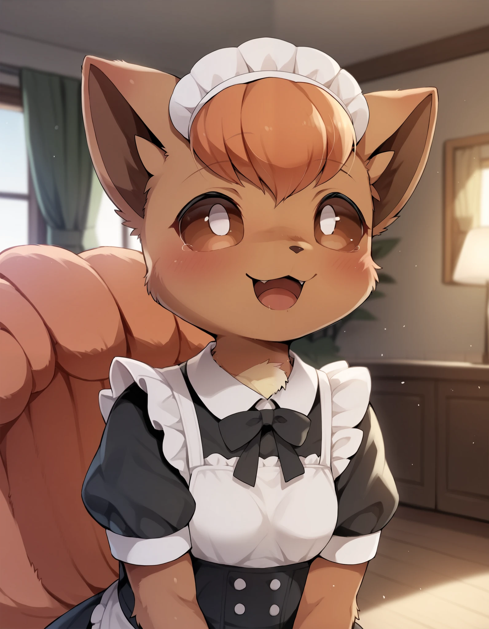  Dagashi_(Daga2626), score_9, score_8_up, score_7_up, score_6_up, rating_questionable, dagasi, body fur, anthro, (furry, anthro:1.2) (detailed fluffy fur), solo, furry female, pokemon (creature),,vulpix , cute, ,pokemon, (small breasts), ,cute, cute eyes, cute head), (beautifully detailed face, oily shiny skin), (detailed eyes, sharp eyes, clear pupils:0.8), masterpiece, happy, hands empty, smile,mouth, background living room,house,dressed, wear maid outfit, 