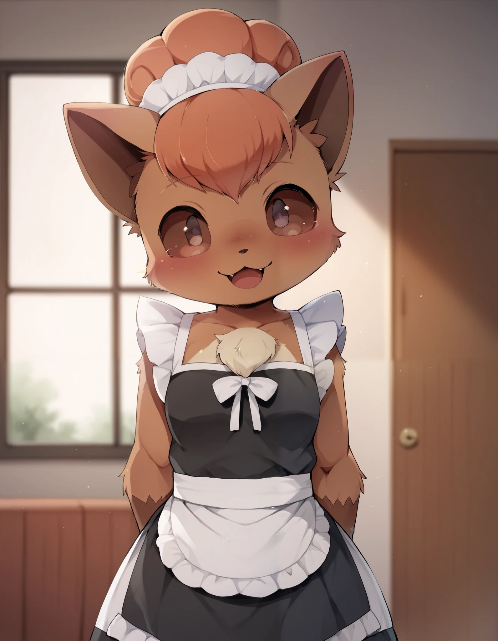  Dagashi_(Daga2626), score_9, score_8_up, score_7_up, score_6_up, rating_questionable, dagasi, body fur, anthro, (furry, anthro:1.2) (detailed fluffy fur), solo, furry female, pokemon (creature),,vulpix , cute, ,pokemon, (small breasts), ,cute, cute eyes, cute head), (beautifully detailed face, oily shiny skin), (detailed eyes, sharp eyes, clear pupils:0.8), masterpiece, happy, hands empty, smile,mouth, background living room,house,dressed, wear maid outfit, 