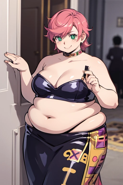 Big breasts, cute smile, Trish, bbw, plump, large belly, large breasts, large thighs, love handles, wide hips, weight gain, ((detailed shading)), ((beautiful render art)), ((intricate details)),