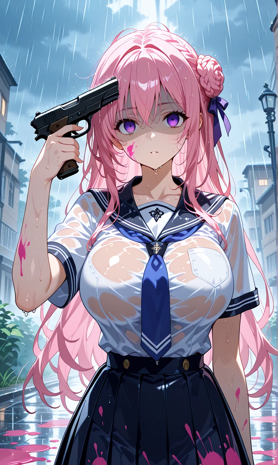 ,1girl, solo, dorothyalt, pink hair, long hair, braided bun, hair ribbon, hair ornament, purple eyes, very wet skin, wet, wet hair, messy hair, big breasts, dark school uniform,rain,rainy day, imminent_suicide,finger on trigger,hand gun,gun to head,holding gun with both hand,paint splatter,dramatic lighting,looking at viewer,shaded face,empty eyes, heavy rain,muted color 