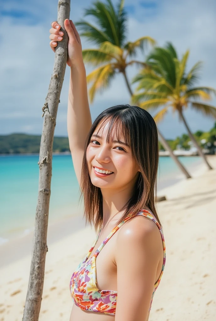 portrait of a girl, smile, close up, on a tropical beach, palm trees in the background, clear blue sky, turquoise water, white sand, summer dress, sunlight, soft shadows, vibrant colors, highly detailed, realistic, 8k resolution