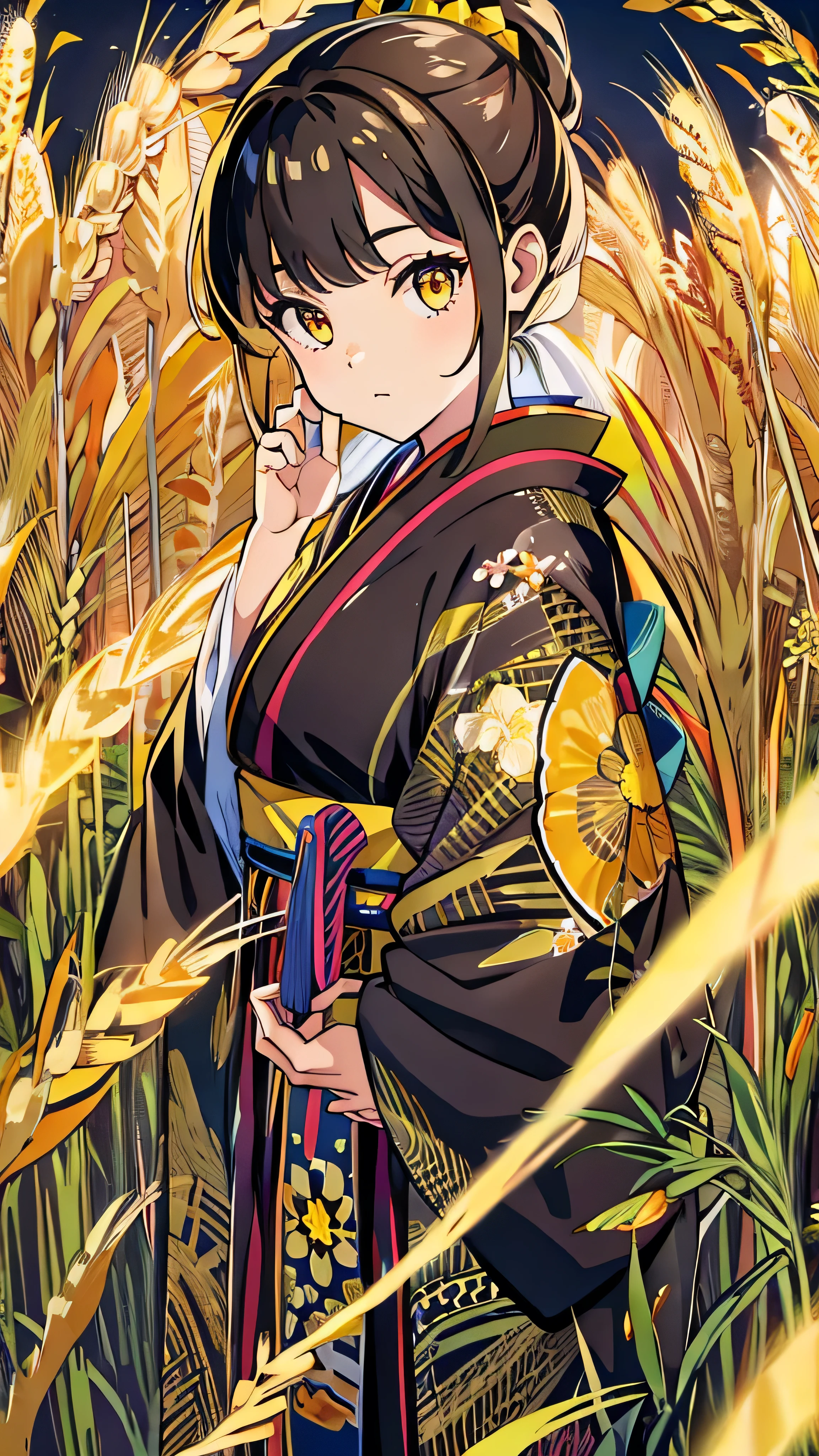  girl in kimono is standing in a wheat field, Black kimono with gold borders, Hair tied in a ponytail,  yellow eyes, The sunset in her eyes, The light hits her face, Facing half to the right in relation to the camera