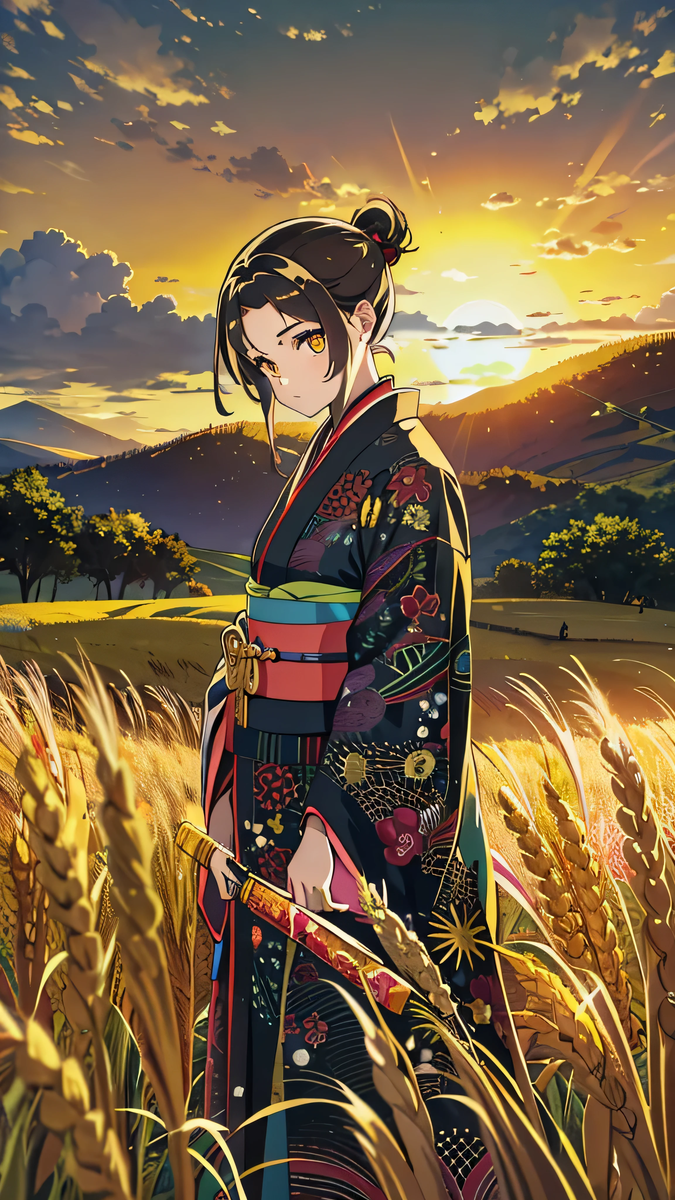  girl in kimono is standing in a wheat field, Black kimono with gold borders, Hair tied in a ponytail,  yellow eyes, The sunset in her eyes, The light hits her face, Facing half to the right in relation to the camera