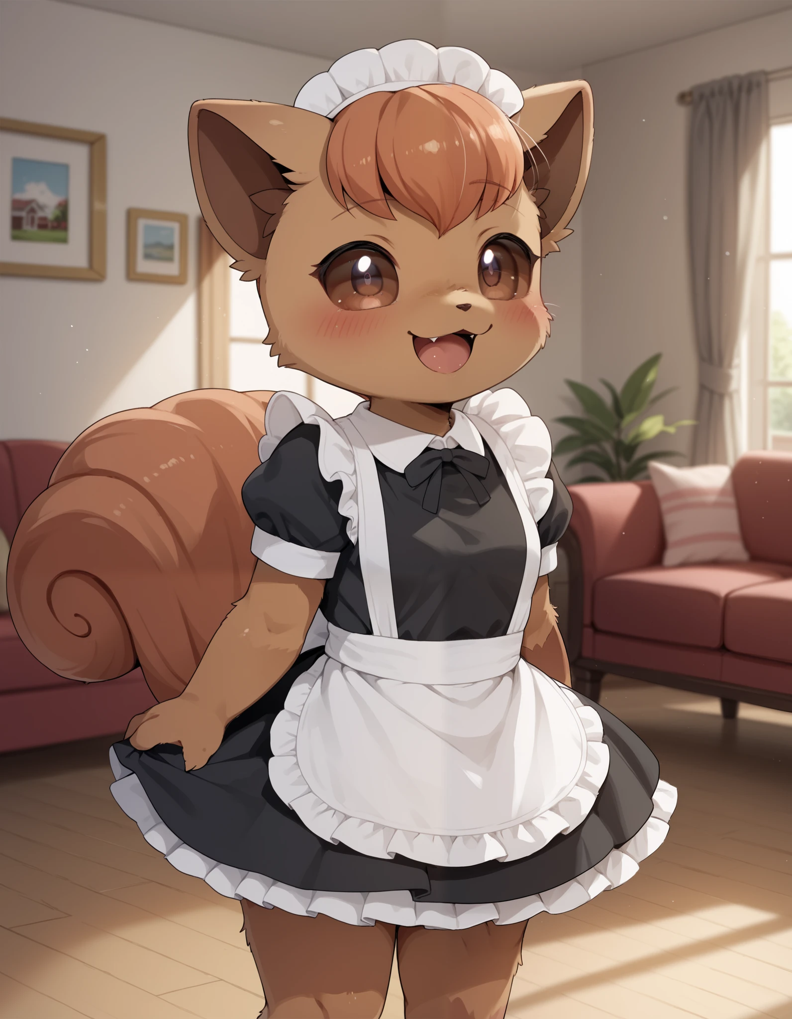  Dagashi_(Daga2626), score_9, score_8_up, score_7_up, score_6_up, rating_questionable, dagasi, body fur, anthro, (furry, anthro:1.2) (detailed fluffy fur), solo, furry female, pokemon (creature),,vulpix , cute, ,pokemon, (small breasts), ,cute, cute eyes, cute head), (beautifully detailed face, oily shiny skin), (detailed eyes, sharp eyes, clear pupils:0.8), masterpiece, happy, hands empty, smile,mouth, background living room,house,dressed, wear maid outfit, 