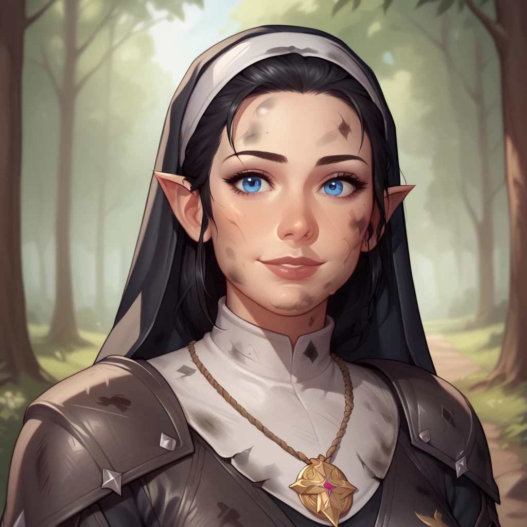 (((beautiful, high quality, comics style, detailed face))), score_9, score_8_up, score_7_up, BREAK, 1girl, duxlipa, warrior nun, black hair, blue eyes, leather armor, leather shoulder pads, patterns on armor, medal necklace, nun veil, dirty, dusty, smile, docile, female focus, solo:1.4, portrait, upper body, portrait, looking at the viewer, forest background, fantasy, blurred background, Expressiveh, detailxl