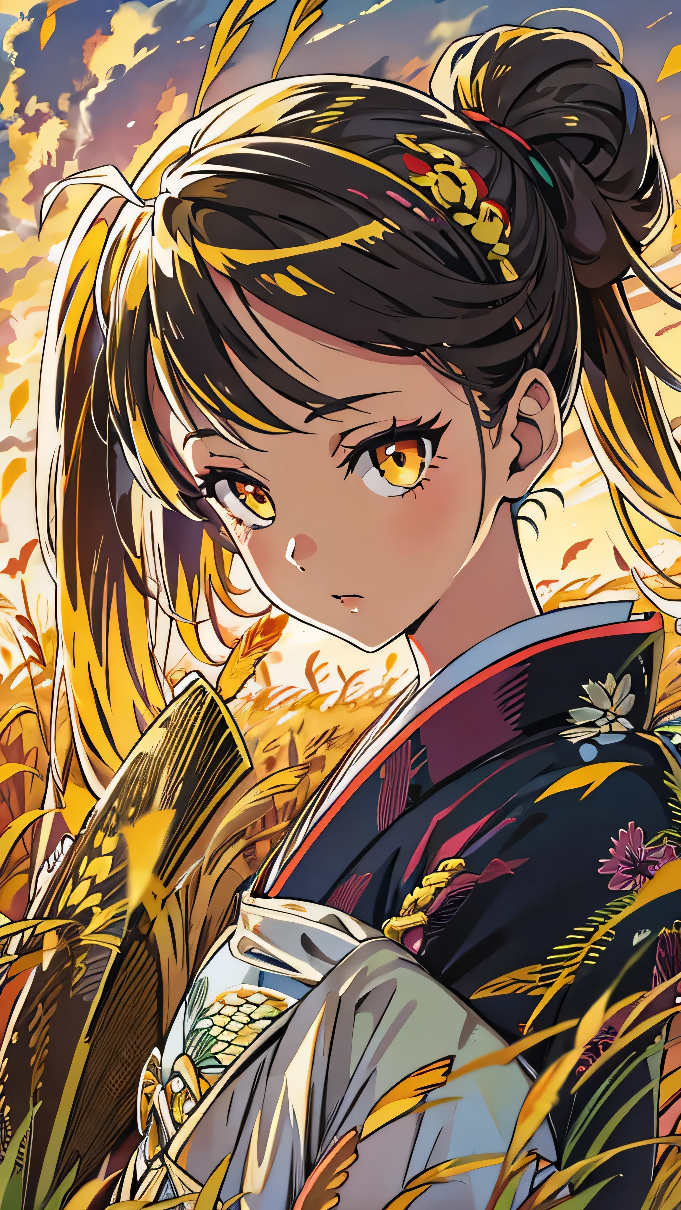  girl in kimono is standing in a wheat field, Black kimono with gold borders, Hair tied in a ponytail,  yellow eyes, The sunset in her eyes, The light hits her face, Facing half to the right in relation to the camera