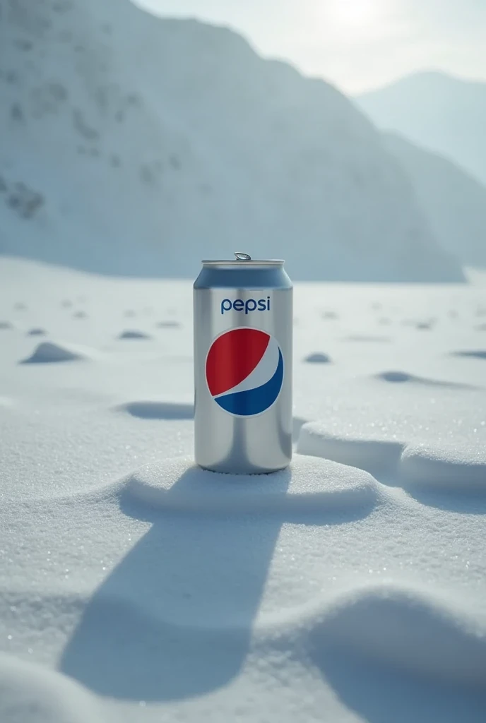 Lisamy bring a Pepsi can, diffused light from a cold, emphasizing its rediscovery amid the desolate, frozen landscape, perfect body