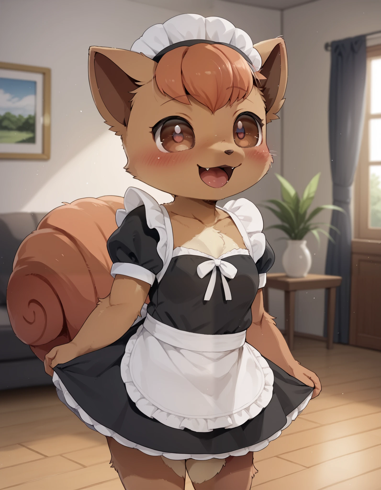  Dagashi_(Daga2626), score_9, score_8_up, score_7_up, score_6_up, rating_questionable, dagasi, body fur, anthro, (furry, anthro:1.2) (detailed fluffy fur), solo, furry female, pokemon (creature),,vulpix , cute, ,pokemon, (small breasts), ,cute, cute eyes, cute head), (beautifully detailed face, oily shiny skin), (detailed eyes, sharp eyes, clear pupils:0.8), masterpiece, happy, hands empty, smile,mouth, background living room,house,dressed, wear maid outfit, 