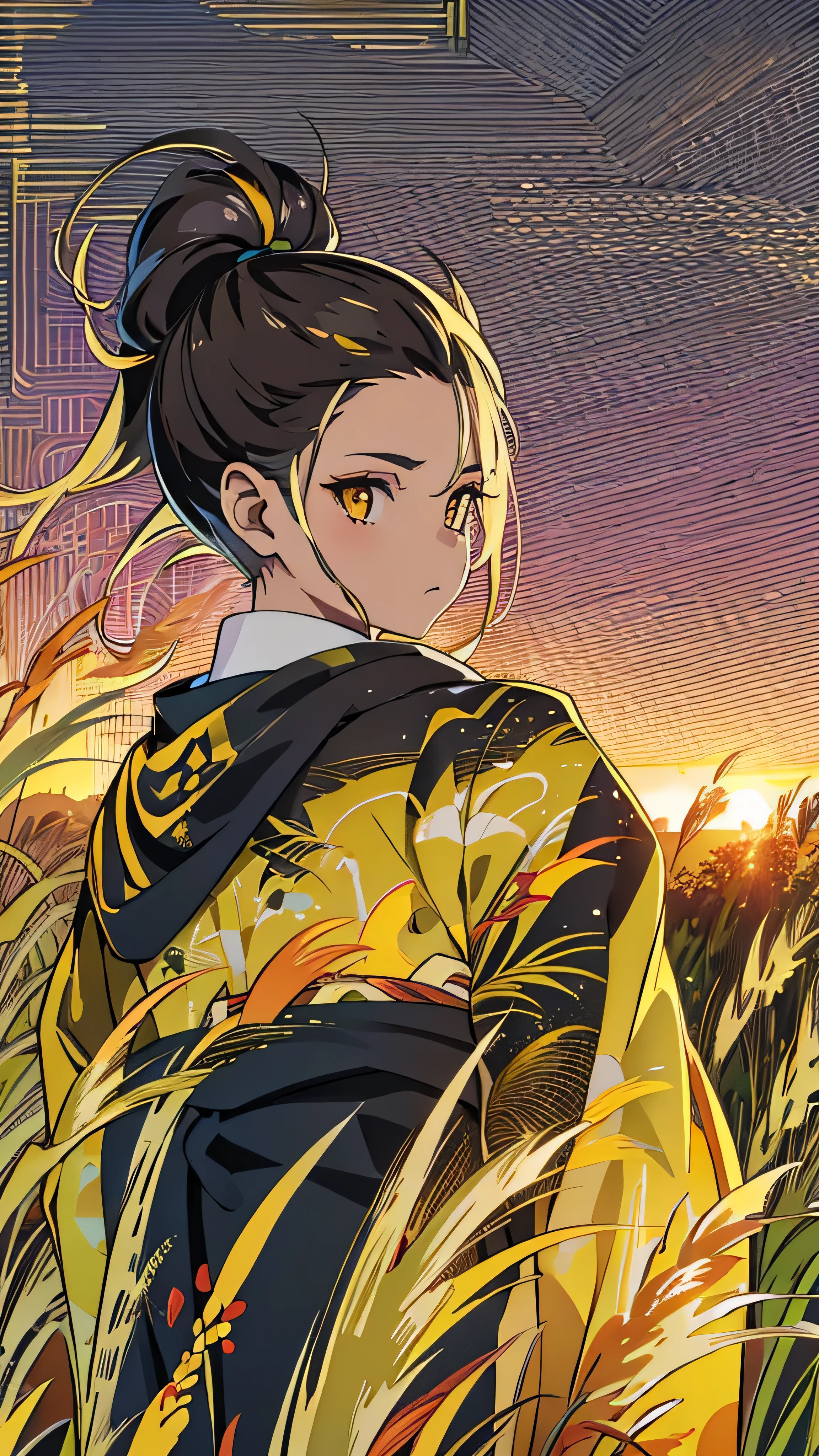  girl in kimono is standing in a wheat field, Black kimono with gold borders, Hair tied in a ponytail,  yellow eyes, The sunset in her eyes, The light hits her face, Facing half to the right in relation to the camera