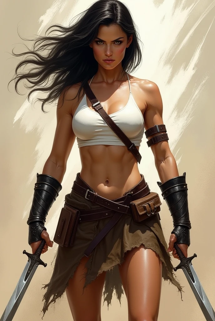 (high quality, masterpiece:1.3), intricately detailed, detailed face and eyes, 1girl, desert, tan skin, single braid, long hair, black hair, cowboy shot, sleeveless, arabian clothes, toned, tomboy, (muscular female:1.3), impasto, digital painting, painterly, impressionism