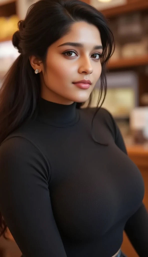 photo of extremely sexy (sree Leela woman:1.09) as a sexy student, closeup portrait upsweep updo, (Dark Yellow tight long sleeve turtleneck top), at a cantina sitting bar (masterpiece:1.5) (photorealistic:1.1) (bokeh) (best quality) (detailed skin texture pores hairs:1.1) (intricate) (8k) (HDR) (wallpaper) (cinematic lighting) (sharp focus), (eyeliner)