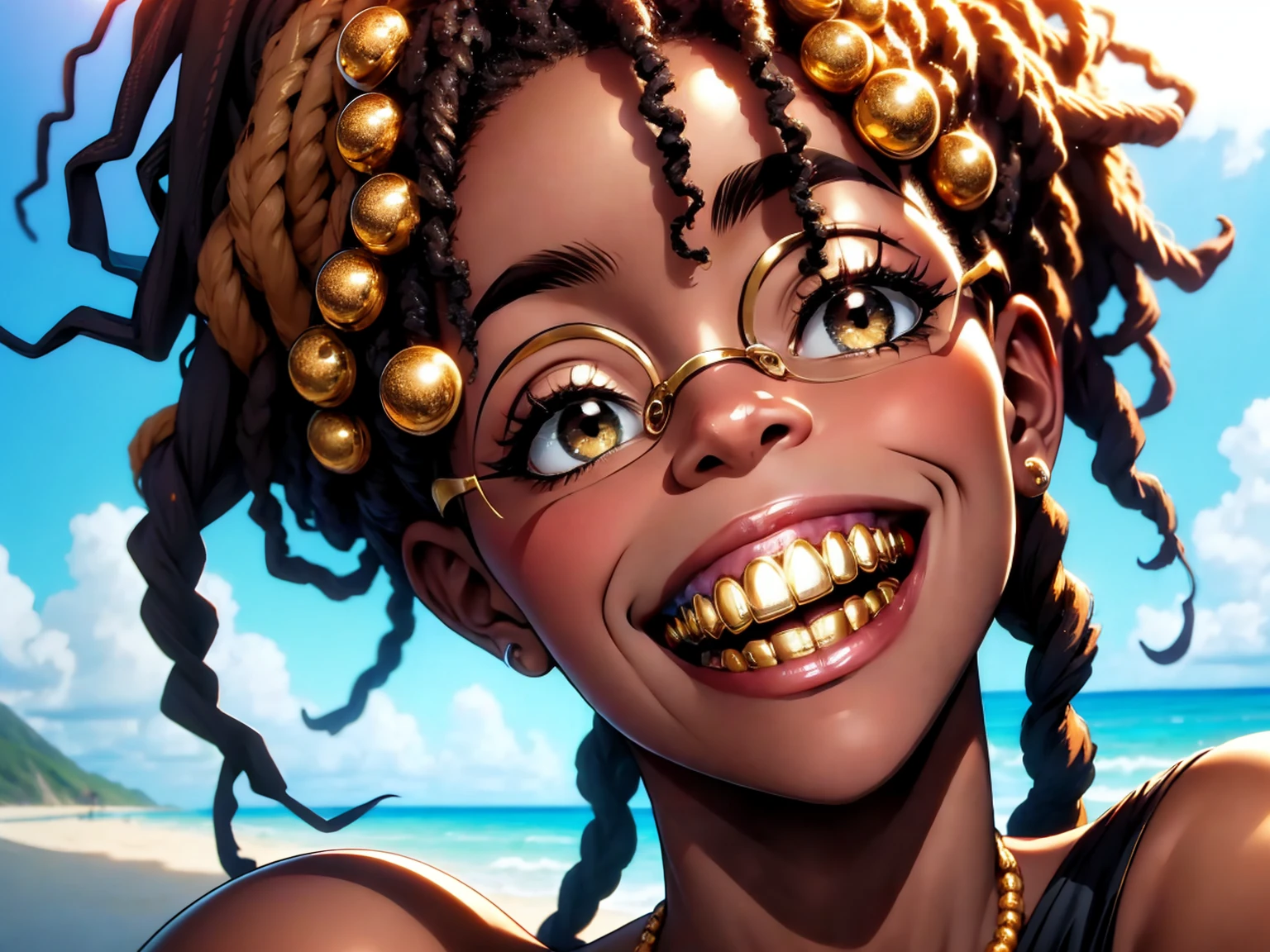 a close up portrait, an African American woman, voluptuous, snarl facial expression, gold teeth, golden smile, dark skin, golden teeth, dread loc or afro hairstyle, (photorealistic, HDR, 8K, Masterpiece), wearing third eye sun glasses, wearing shades with three lens, woman sitting on beach