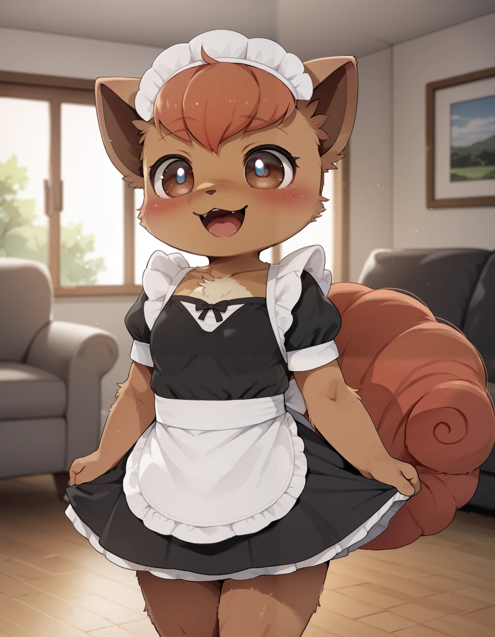  Dagashi_(Daga2626), score_9, score_8_up, score_7_up, score_6_up, rating_questionable, dagasi, body fur, anthro, (furry, anthro:1.2) (detailed fluffy fur), solo, furry female, pokemon (creature),,vulpix , cute, ,pokemon, (small breasts), ,cute, cute eyes, cute head), (beautifully detailed face, oily shiny skin), (detailed eyes, sharp eyes, clear pupils:0.8), masterpiece, happy, hands empty, smile,mouth, background living room,house,dressed, wear maid outfit, 