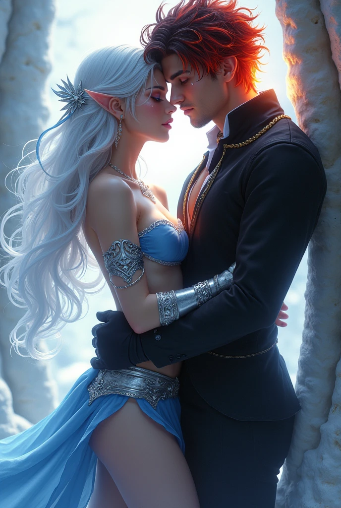 Here are the Stable Diffusion prompts for the two scenes you described:
a man with pale skin, white hair, red eyes, with characteristics of a white werewolf, wearing leather armor with grey wolf fur, muscular with tattoos on his torso, a white wolf tail and white wolf ears
a female water dragon with blue eyes, pale skin, aquatic ears, a sea dragon tail, wearing a light blue bordered dress, aquatic dragon horns, kissing the man, with a lake and pine forest in the background
(best quality, 4k, 8k, highres, masterpiece:1.2), ultra-detailed, (realistic, photorealistic, photo-realistic:1.37), detailed face, beautiful detailed eyes, beautiful detailed lips, extremely detailed eyes and face, long eyelashes, muscular male, white wolf ears, white wolf tail, leather armor, grey wolf fur, tattoos, water dragon, blue eyes, aquatic ears, sea dragon tail, light blue dress, aquatic dragon horns, couple kissing, lake, pine forest