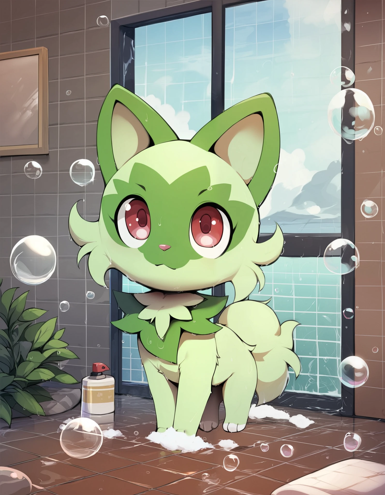 dagasi, body fur, score_9_up, score_8_up, score_7_up, source_anime, (masterpiece, perfectly detailed, detailed face, detailed eyes, beautiful eyes), PokeMaster_PS, sprigatito_pokemon, no humans, pokemon (creature), red eyes, bubble, soap bubbles, wet, :<, cat, water drop, closed mouth, tiles, indoors, solo