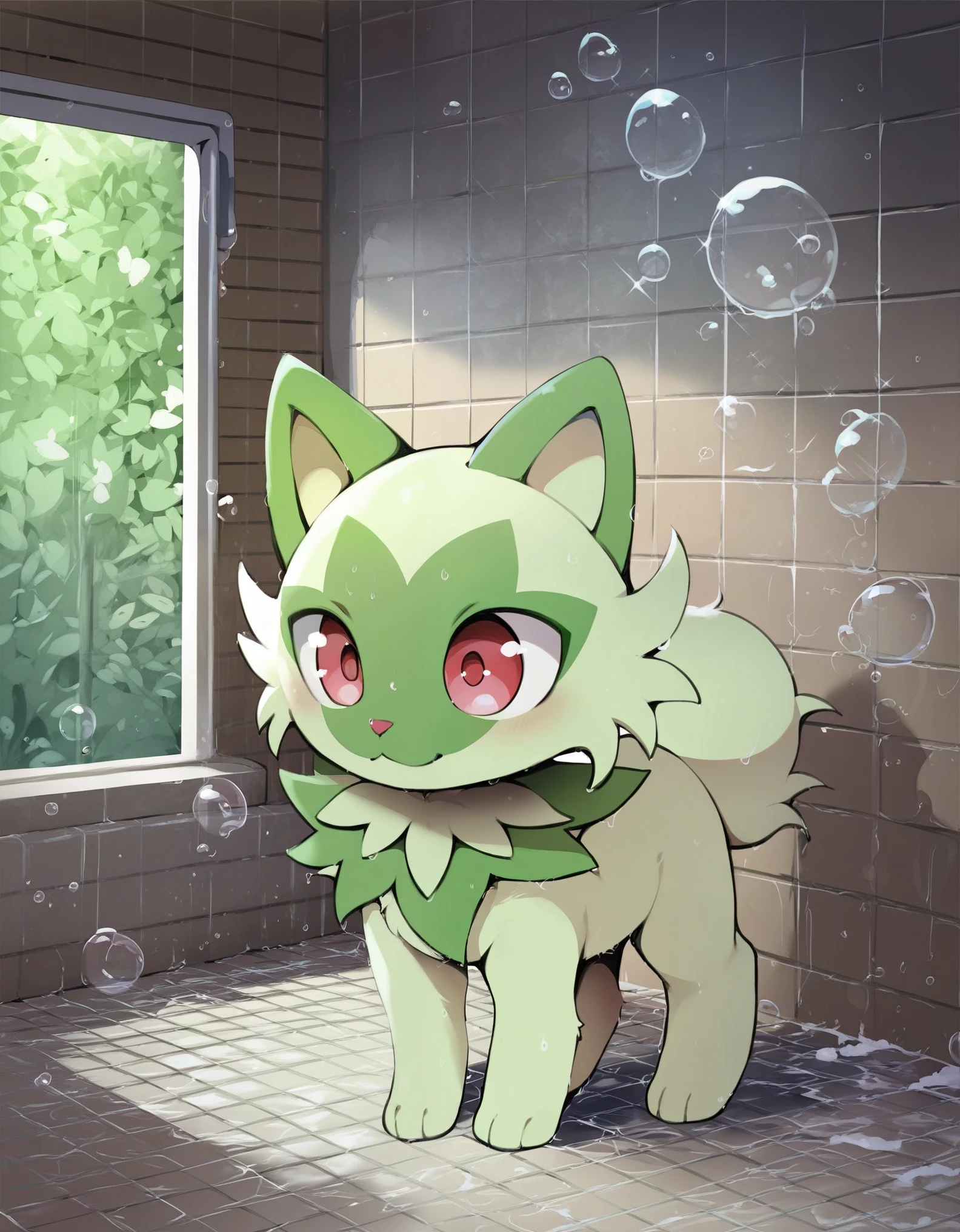 dagasi, body fur, score_9_up, score_8_up, score_7_up, source_anime, (masterpiece, perfectly detailed, detailed face, detailed eyes, beautiful eyes), PokeMaster_PS, sprigatito_pokemon, no humans, pokemon (creature), red eyes, bubble, soap bubbles, wet, :<, cat, water drop, closed mouth, tiles, indoors, solo