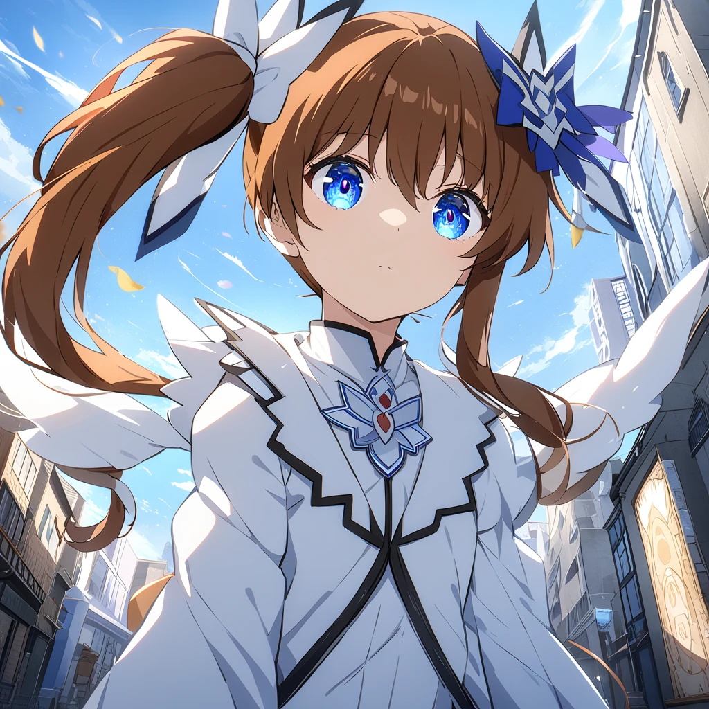 nanohatakamachi, Nanoha Takamachi, (Nanoha Takamachi:1.5), Long Hair,  blue eyes,  brown hair,   hair bow , ( side ponytail:1.5),  white ribbon,
break magical girl,  jacket,  color,  Puff Sleeves ,  Long Sleeve , white  jacket,
break looking at viewer, whole body,  upper body,
break outdoors, city, null,
break (masterpiece:1.2),  best quality,  high definition ,  Unity 8K Wallpaper, (Illustration:0.8), ( beautiful detailed eyes:1.6),  very detailed face in light blue underwear,  perfect lighting,  very detailed CG, (  perfect hands, perfect anatomy),