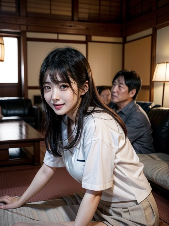  1 young Japanese woman、( solo focus 、 one woman is sandwiched between several middle-aged men)、 cute、Smile、 black hair、Hair clip、 big breasted 、 white cutter shirt 、 gray flare skirt 、（Surrounded by several Japanese middle-aged men )、Encouraged 、The living room of an old share house、indoor、whole body、 anatomically correct、 masterpiece、 High Quality、 Very detailed、4K