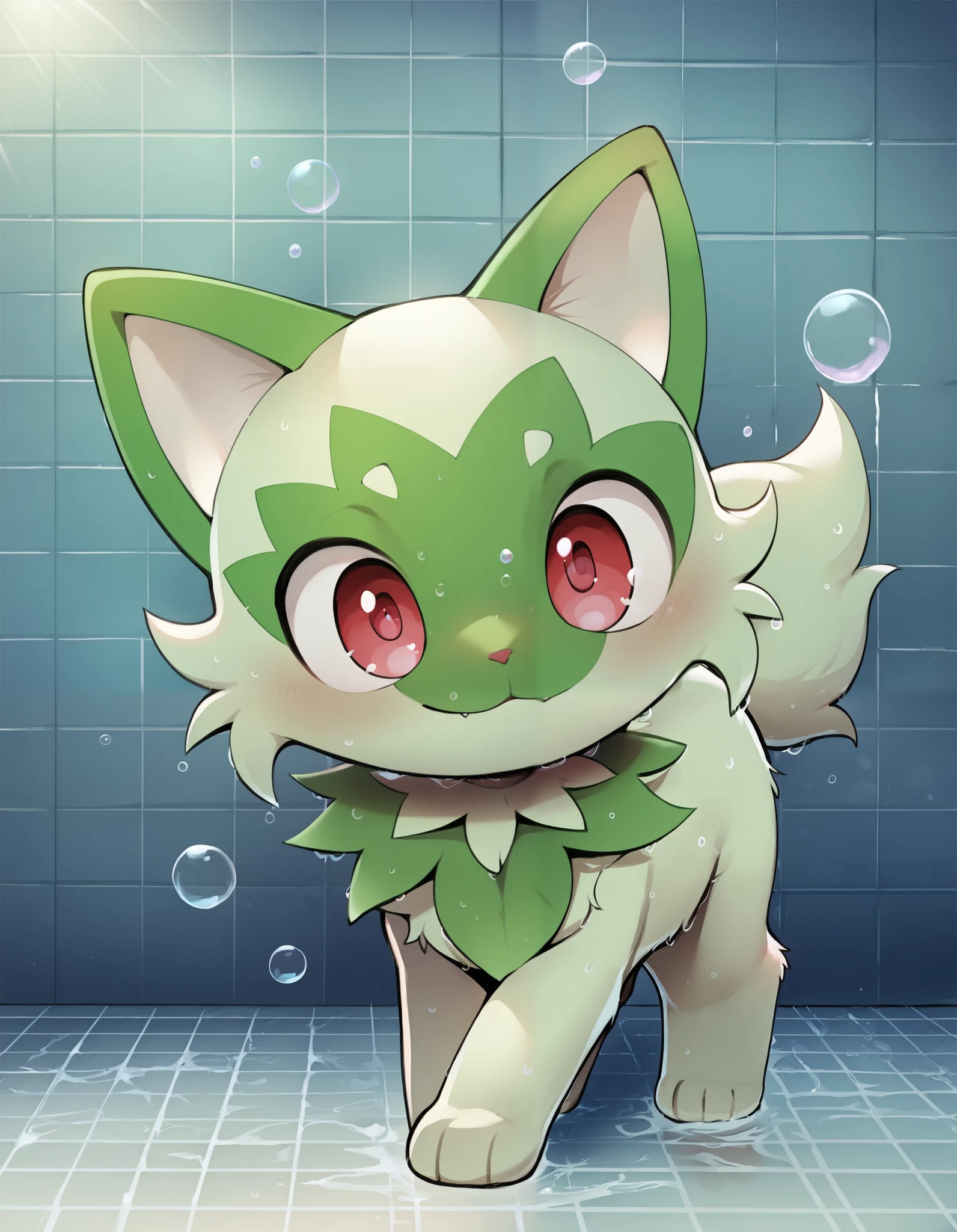 dagasi, body fur, score_9_up, score_8_up, score_7_up, source_anime, (masterpiece, perfectly detailed, detailed face, detailed eyes, beautiful eyes), PokeMaster_PS, sprigatito_pokemon, no humans, pokemon (creature), red eyes, bubble, soap bubbles, wet, :<, cat, water drop, closed mouth, tiles, indoors, solo