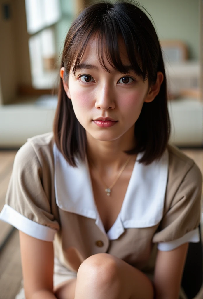 ultra high resolution photograph of a young Japanese woman, hyper realistic, photo realistic, masterpiece, best quality, absurdres, 32k, RAW photo, intricate details, extremely detailed, perfect anatomy, beautiful lighting, perfect lightning, realistic shadows, perfect figure, perfect style, perfect balance, perfect hands, extremely delicate and beautiful, super beauty, super detailed skin, very slim body, narrow waist, very small head, very small face, delicate facial features, very detailed eyes and face, realistic face proportions, realistic beautiful face, realistic beautiful eyes, medium length hair, upper body shot, (serafuku, school uniform:1.2), bare legs, bare feet, indoors, 