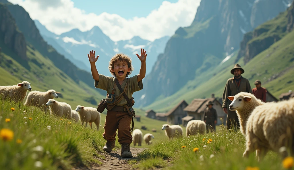The villagers arrive on the hill, breathing heavily and looking around in confusion. The boy is laughing, pointing at the villagers as they realize there is no wolf. The villagers have angry and disappointed expressions, some with hands on their hips or shaking their heads.
The Shepherd Boy is 10-. A young boy with tousled brown hair, bright eyes, and a youthful face. He wears simple, rugged clothes typical of a shepherd—loose tunic, shorts or trousers, and sandals. He carries a shepherd's staff, which he leans on when watching over the sheep.
The villagers are hardworking, practical, and concerned about the safety of their community. Villagers Are mix of men and women, mostly adults and elders. They wear simple, rustic clothing suited to a rural lifestyle—long skirts, tunics, aprons, and headscarves.