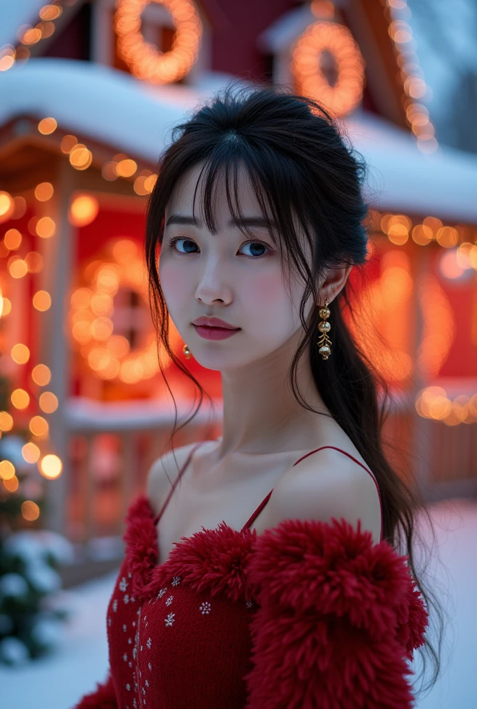 8k Beautiful Asian woman, wearing Christmas clothes, behind a decorated Christmas house, with red and white neon lights