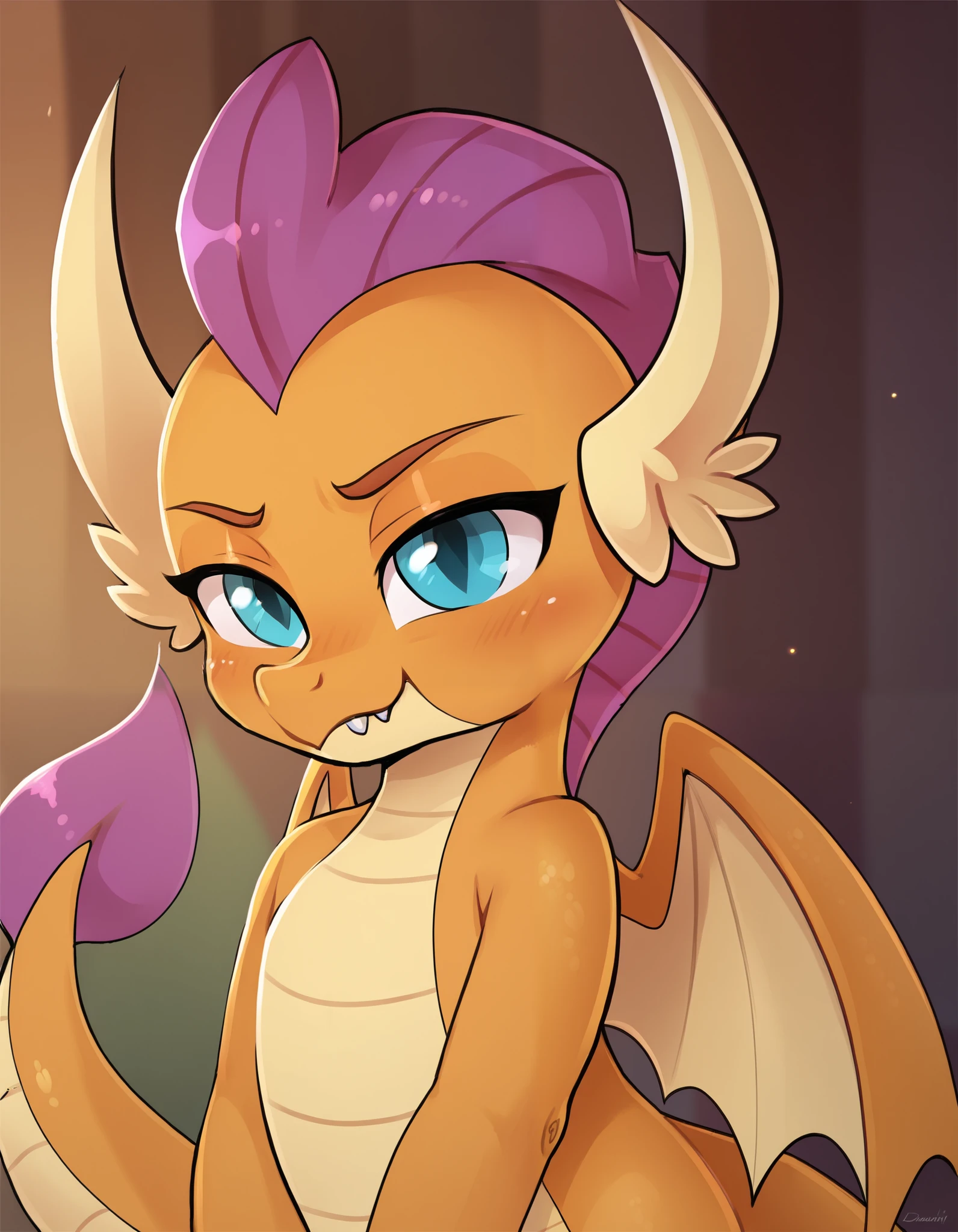 dagasi, score_9,score_8,source_furry, 1girl, orange body,orange skin,purple hair,dragon,dragon tail, smolder_mlp