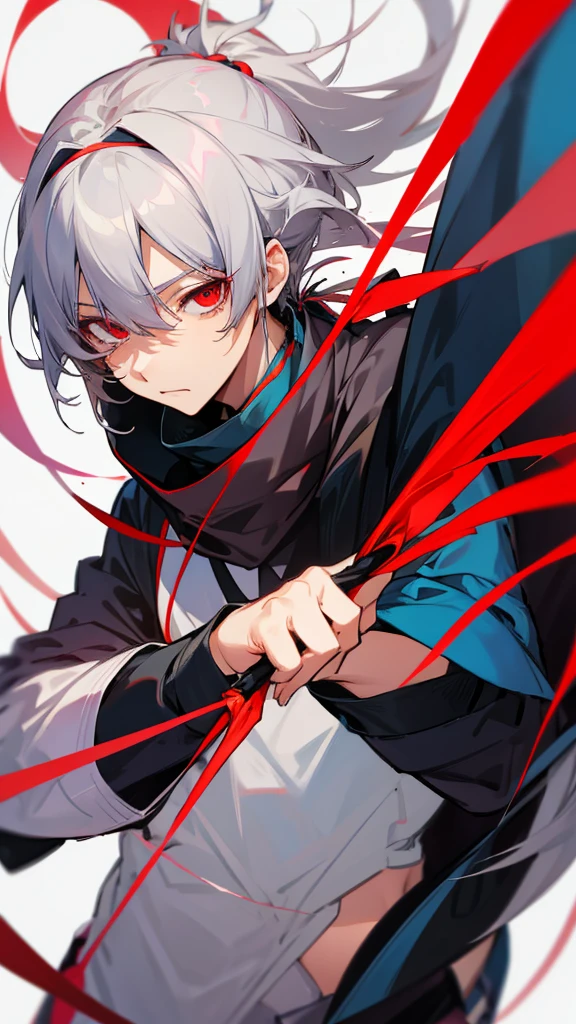 Male character with gray hair and red eyes and black clothes
