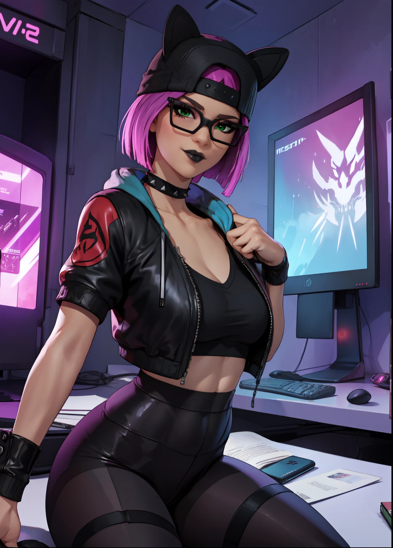 (In style of the 80s and 90s). anime female character, short colored hair, blue eye color, wearing sunglasses, short leather skirt, black tattoo on neck , in the hack room, digital painting "lighting": "dramatic red light, deep shadows", "resolution": "8K, ultra-detailed", (full length)