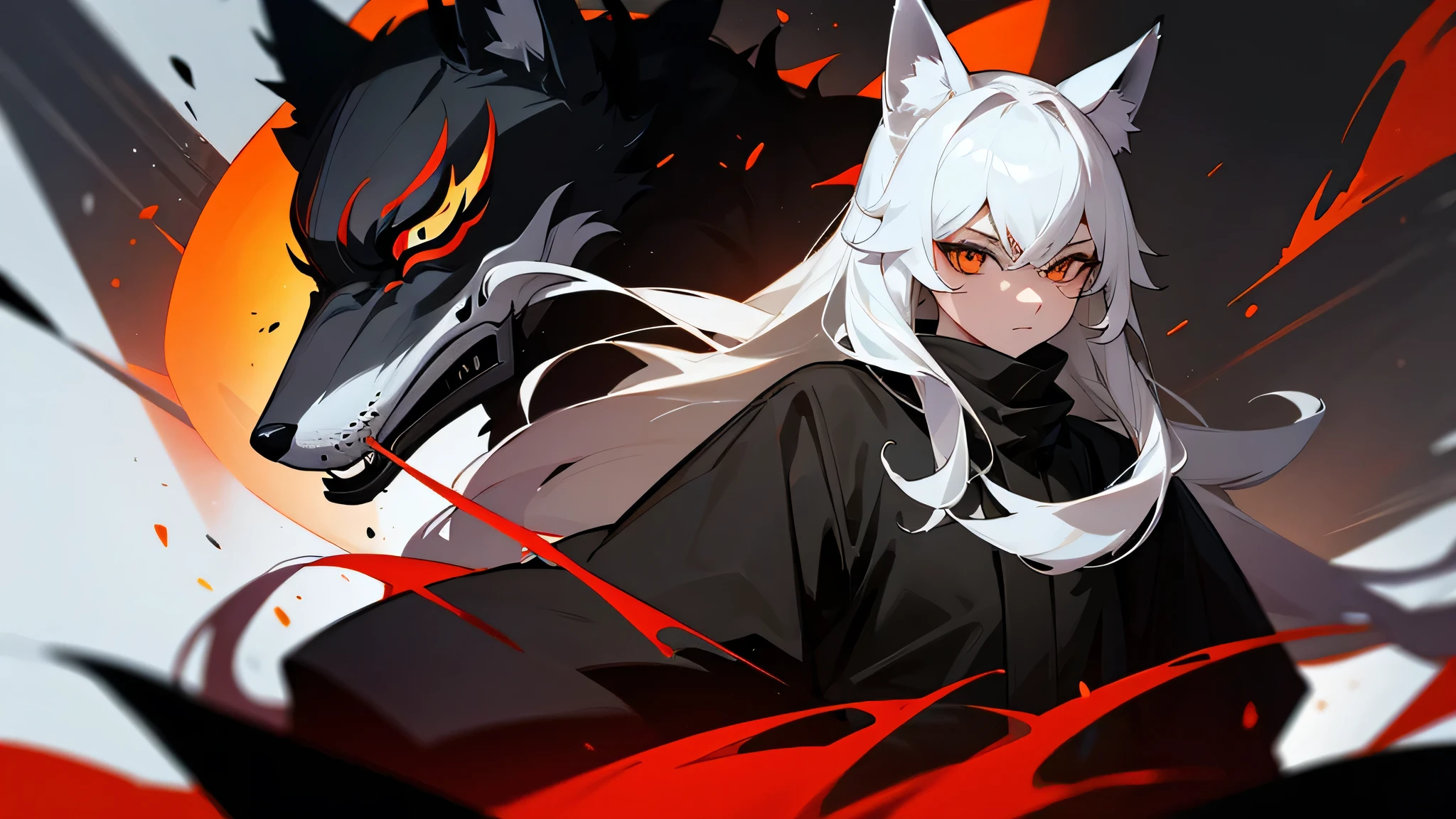 An adult woman half fox and wolf, wide breasts, red eyes, white hair, very angry, black dress, in war