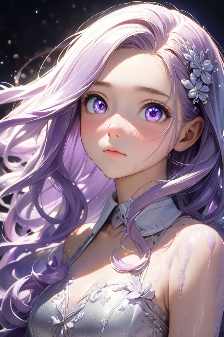 masterpiece, best quality, high resolution, closeup portrait, a female, lavender hair, white magician, White robe, amazing composition, front view, HDR, ultra quality, elegant, highly detailed, mature woman, beautiful lady, smile
