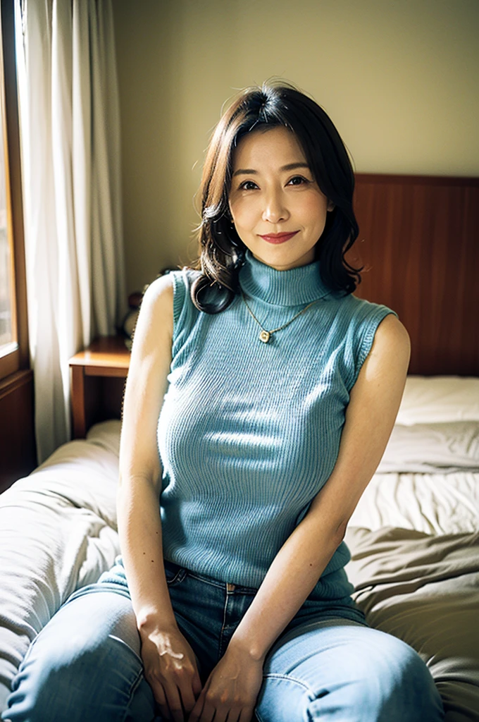 Japanese women、Mature Woman、Big Breast、smile、Wearing a necklace、The whole body is shown、Hotel room、entrance、Large areola、Are fat、wearing  tight sweater、HIGH neck sweater、sleeveless sweater、sitting on the bed、evening、wearing blue jeans pants、High image quality、real photo、borderline sweater、The body is on its side、 putting his hands on his chest、Bright room、wavy hair