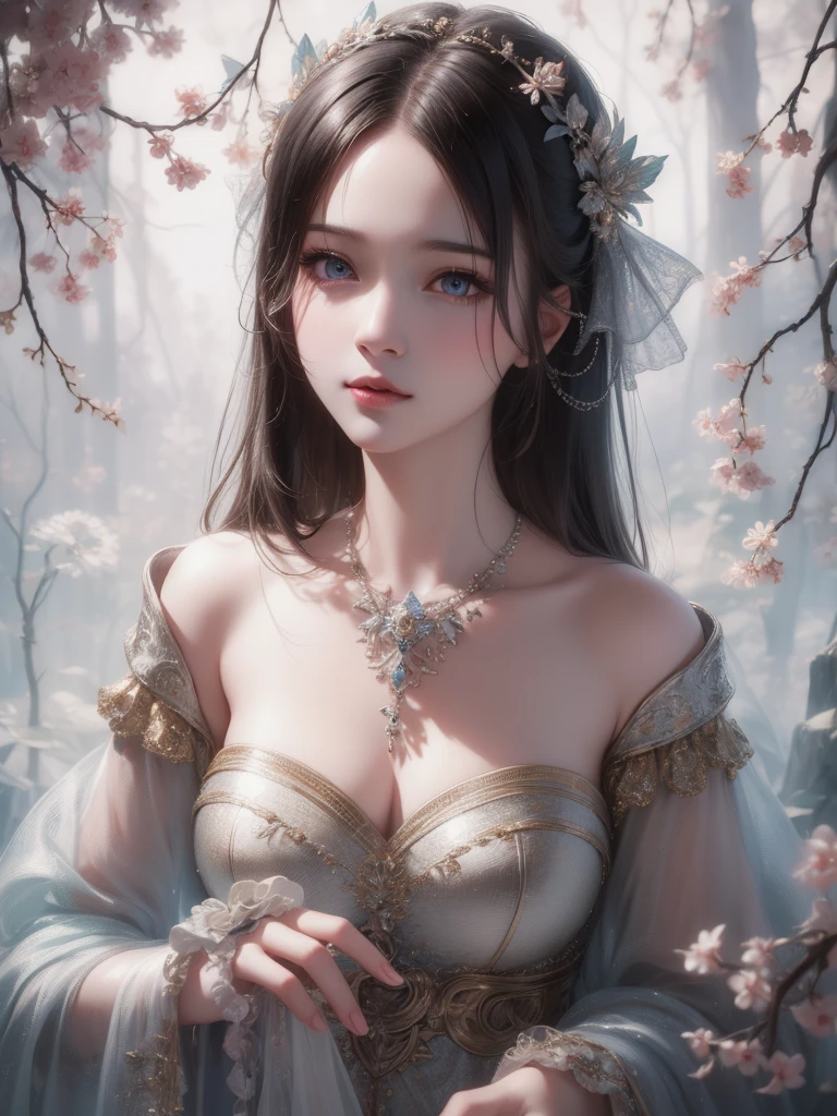 Highest quality,High resolution,masterpiece:1.2,Very detailed,Realistic,photoRealistic:1.37,A goddess born from flowers,Beautiful attention to detail,Beautiful lip detail,Very detailed目と顔,Long eyelashes,Colorful Garden,Delicate petals,Blooming Flowers,Bright leaves,Vibrant colors,Soft sunlight,Ethereal atmosphere,Harmonious composition,The beauty of plants,Organic elements,Flora and Fauna Blend,Dream of plants,Creative transformation,Flower Fashion,Fantasy Figures,Art inspired by nature,Unique Plant Portraits,Natural elegance,Artistic Fusion,Femininity meets nature,Surreal botanical art,Capricious garden,Flower Goddess、butterfly々、large rose、Rose、Many Butterflies々、colorful、Large Breasts, Black Hair, sparkle、Twin Flame、like、heart、Shine、Flower crown、rose、White Dress、sheer White Dress、unicorn、